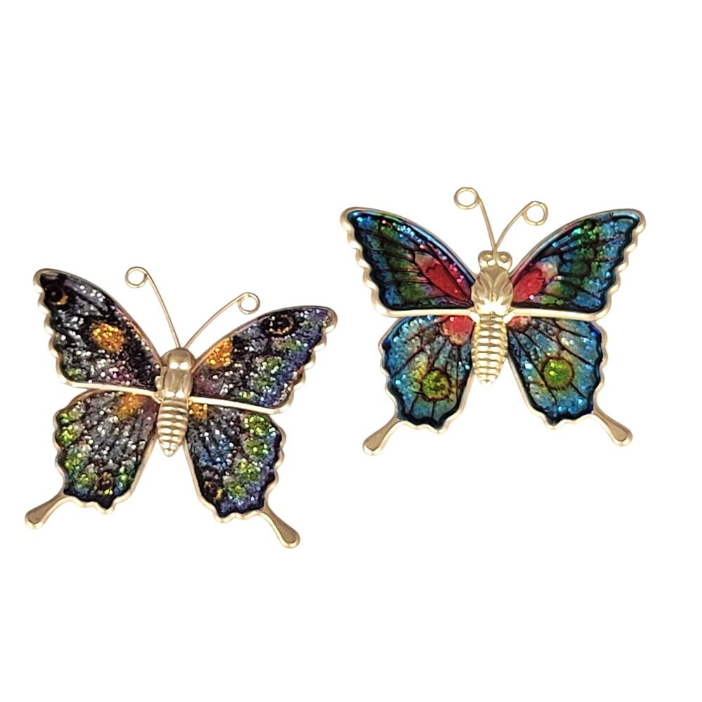 Vintage Gold-Tone Butterfly Enamel Brooch Pin Set Multicolor 1.5” Blue Purple
